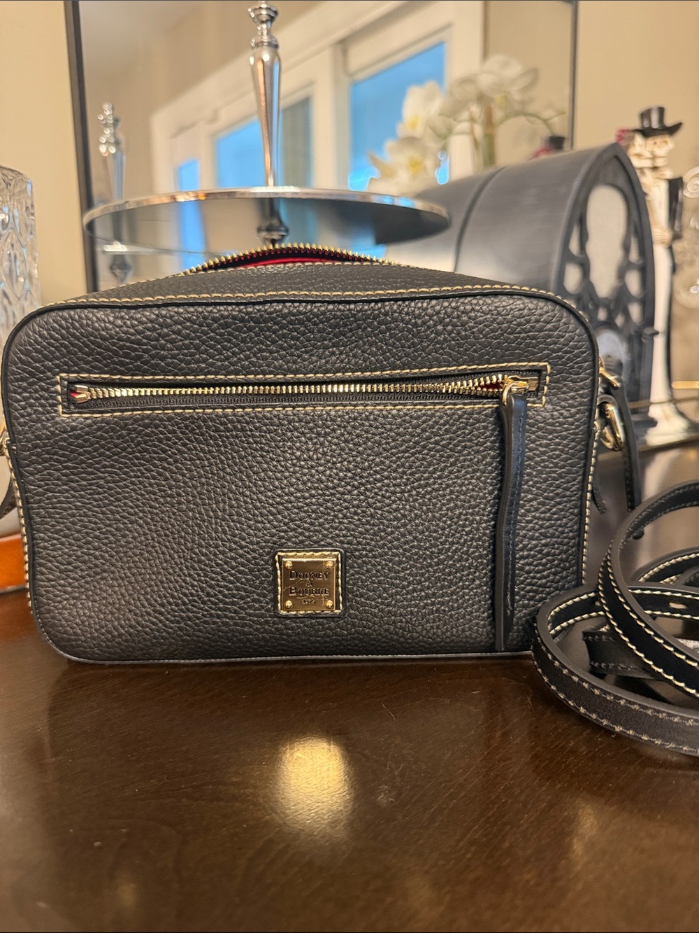 Dooney & Bourke Black Pebbled Leather Camera Crossbody with Gold Hardware